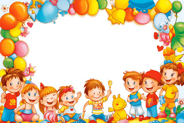 Colorful illustration of children celebrating with balloons and toys, designed for festive occasions.