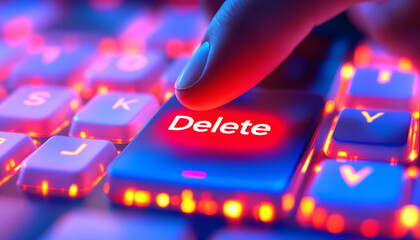 Delete Key Pressed, Data Deletion, Removing Information, Finger on Delete Button, Keyboard Delete, Undo Action, Pressing Delete Key, Remove, Erase, Delete Data, Keyboard Close Up