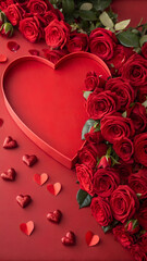Valentine red background with heart and roses suitable for banner or cover