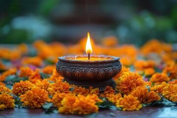 a traditional indian setting showcasing a diya lamp on a podium surrounded by vibrant marigold flowers capturing the essence of hindu puja with a festive background perfect for holiday celebrations