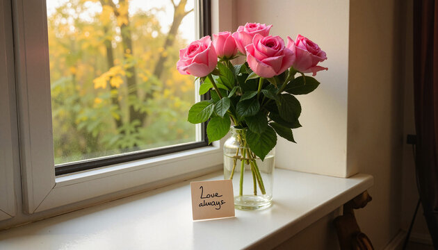 Fresh pink roses in cozy room with note, symbol of love