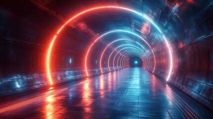 Fototapeta premium A tunnel with neon lights that are red and blue