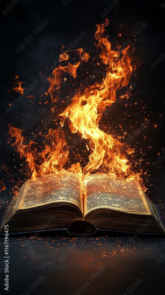 Aufkleber magical flames ignite from open book creating an enchanting atmosphere in dark setting