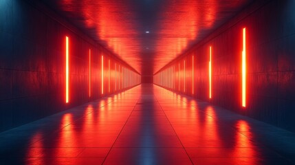 A long, narrow hallway with red lights on the walls
