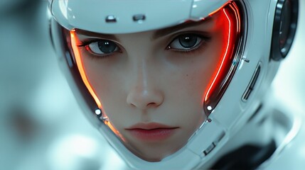 Fototapeta premium A woman in a white helmet with red lights on her face