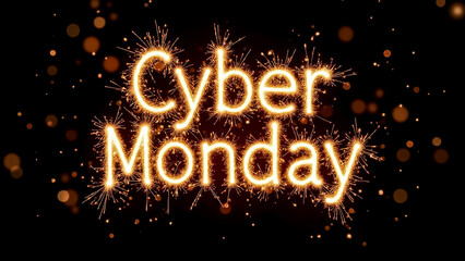 Sparkling lights create a festive atmosphere for Cyber Monday. The bright text stands out against a dark backdrop, highlighting the excitement of online shopping deals.