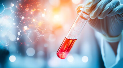 Laboratory scientist holding test tube with red liquid and chemical structures