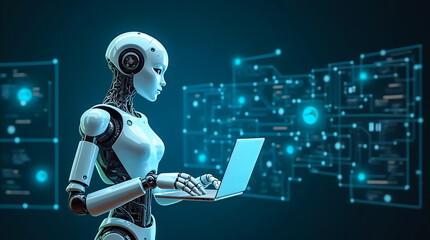 Fototapeta premium A humanoid robot is engaged in typing on a laptop while surrounded by floating digital screens displaying data and graphics. The setting suggests advanced technology.