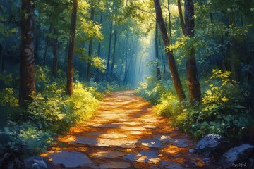 Obraz premium a vibrant painting depicting a lively forest path dappled sunlight filtering through lush green leaves casting playful shadows and creating a warm inviting atmosphere filled with life and color