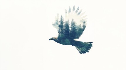 Fototapeta premium Majestic Buzzard Double-Exposure in Watercolor Style Illustration against White Background | Ultra-Detailed Forest Silhouette with Soaring Heights and Valleys