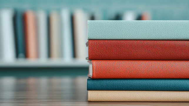 Colorful stack of textured books on wooden table with blurred background