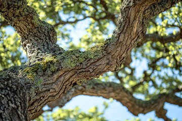 Blurry Old oak tree green mossy bark closeup, Generative AI