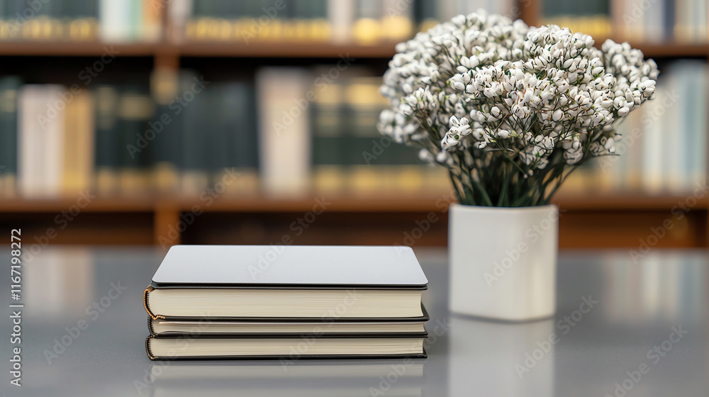 Poster stack of books with flower vase in library setting, creating serene atmosphere