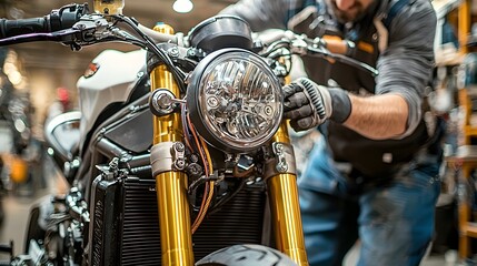 Skilled Motorcycle Mechanic Closely Examining and Repairing the Throttle and Cables of a Motorcycle in a Well Equipped Bike Workshop or Garage Setting
