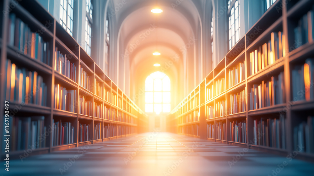 Poster empty library aisle with tall bookshelves and soft sunlight streaming in