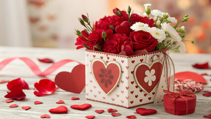 Valentines day gift love illustration with hearts and flowers. Wedding love card.