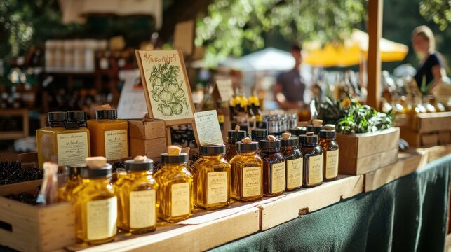 Farmers market showcases handmade oils and herbs during a sunny afternoon, inviting shoppers to explore local produce and artisanal goods
