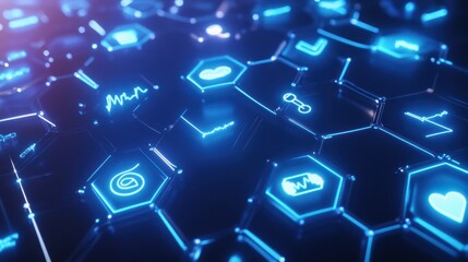 Futuristic Healthcare Technology Digital Interface:  Glowing Hexagon Network Displaying Vital Health Data and Medical Icons