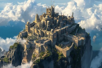 Large stone castle, clifftop, ocean view, clouds.