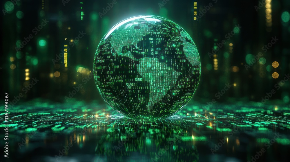 Poster Futuristic Digital Globe with Cascading Binary Code and Ambient Lighting for Global Connectivity