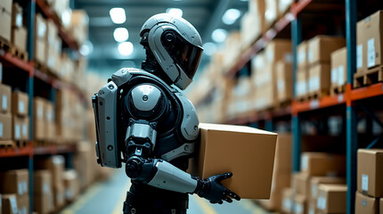 A humanoid robot navigates a well-organized warehouse aisle, carefully holding a cardboard box while surrounded by stacked shipping boxes, showcasing advanced automation in logistics.