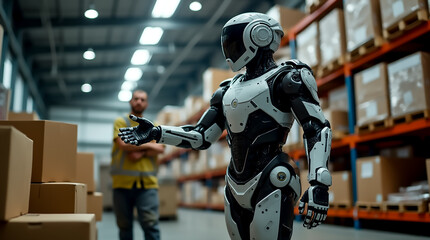 In a busy warehouse environment, a humanoid robot offers assistance to a worker surrounded by stacks of neatly organized boxes. The setting is well-lit and modern.