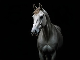 Obraz premium A striking white horse stands prominently, its elegant figure illuminated softly against a dark background, conveying a sense of grace and strength. The serene atmosphere enhances its beauty.