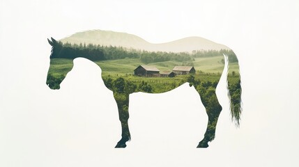 Obraz premium Majestic Double-Exposure Watercolor Horse Artwork with Countryside Scenery Inside Silhouette on White Background