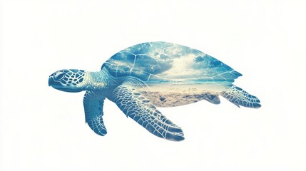 Fototapeta premium Tranquil Turtle Double-Exposure Watercolor Illustration with Beach Scene Silhouette on White Background