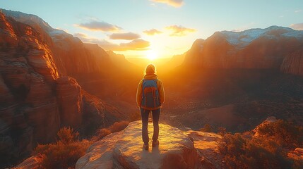Woman Backpacker Views Canyon Sunset Sunrise