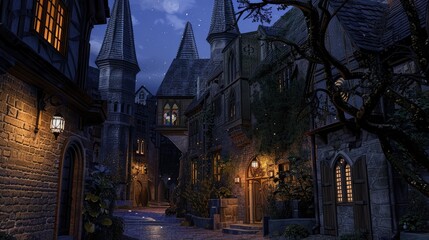 Obraz premium beautiful medieval city scene, old church at night, digital painting
