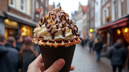 Fototapeta premium Tourist holds in hand popular street food - Belgium tasty waffle with chocolate sauce on the background of city tourist streets of Bruges, Belgium, Europe 