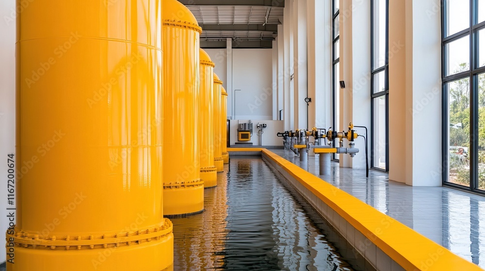 Poster a modern industrial space featuring large yellow columns beside a tranquil water surface and large w
