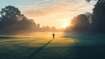 Morning golfer walks on serene course at sunrise with mist and soft light creating a peaceful atmosphere