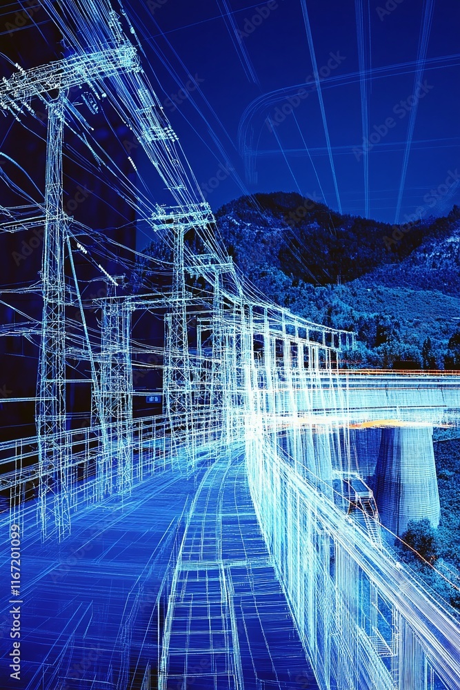 Aufkleber 3d blueprint showing the power flow of high-voltage lines in a hydroelectric dam system.