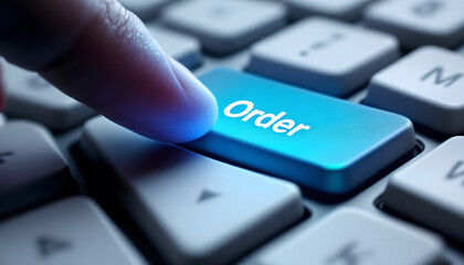 Order Now, Finger Pressing Keyboard Button, Online Order, Glowing Blue Key on Keyboard, E-commerce Concept, Finger Activating Order Button