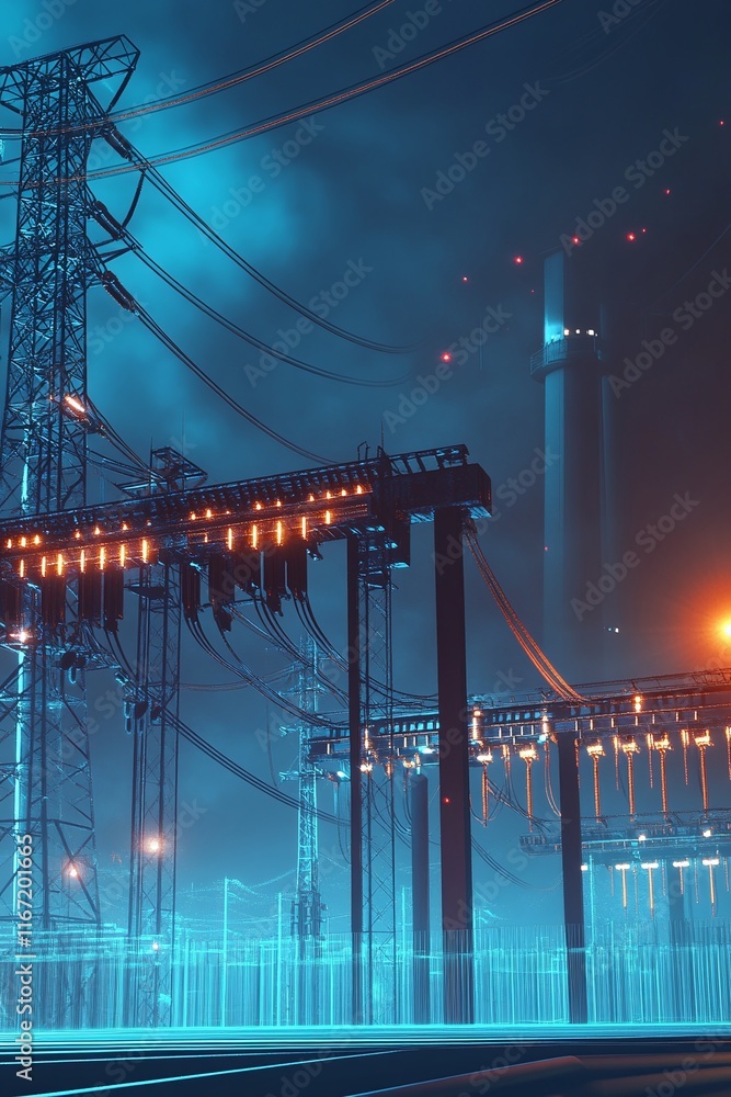 Poster 3d render of an electrical substation connected to high-voltage power lines featuring detailed engin