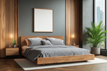 Minimalist Modern Bedroom with Wooden Bed and Nightstands Light Green Wall Paneling and Spacious Decor