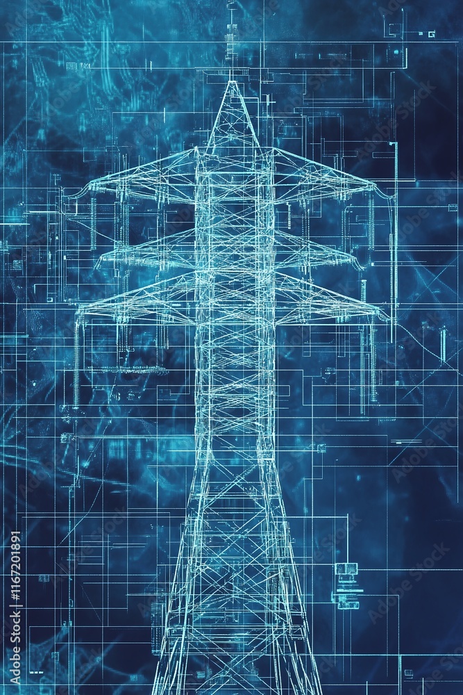 Poster 3d rendering of a futuristic high-voltage tower design overlaid with energy-efficient schematics.