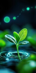 A vibrant green seedling emerges from water, surrounded by soft, glowing light, symbolizing growth and renewal.