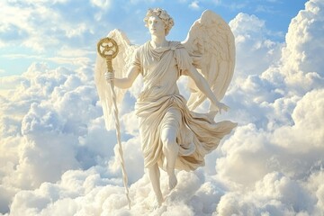 Fototapeta premium Mercury Hermes god statue running trough clouds in winged sandals, caduceus in hand. Commerce, ambassadors, travellers patron. Gods messenger, conductor of souls of dead., Generative AI
