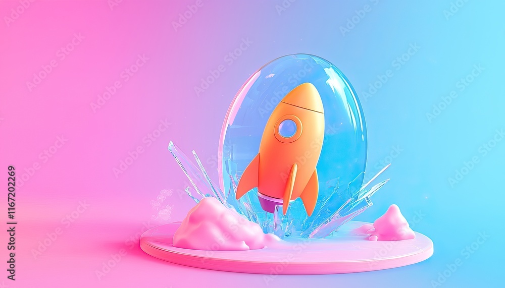 Poster a colorful rocket bursts through a bubble, surrounded by splashes of water and a fluffy cloud backdr