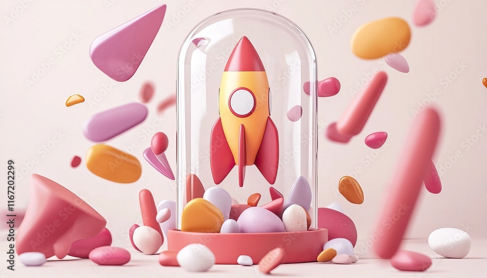 Poster a colorful rocket encased in glass, surrounded by playful geometric shapes, creating a whimsical and