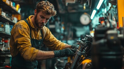 Skilled and experienced technician performing an oil change service on a motorcycle in a fully equipped auto repair shop  The mechanic is focused on the task at hand