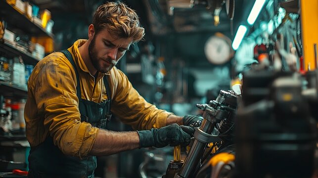 Skilled and experienced technician performing an oil change service on a motorcycle in a fully equipped auto repair shop  The mechanic is focused on the task at hand