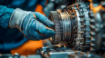 Close up of a blue collar mechanic wearing safety gloves and a blue uniform while carefully inspecting the transmission of a car in an auto repair workshop or garage