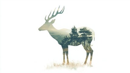 Majestic Antelope Double-Exposure Watercolor Illustration on White Background with Savanna Landscape Inside - Ultra-Detailed Artistic Design