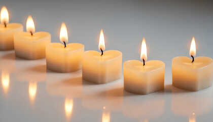 Row of Burning Heart-Shaped Candles, The warm glow of the flames creates a peaceful and romantic ambiance.
