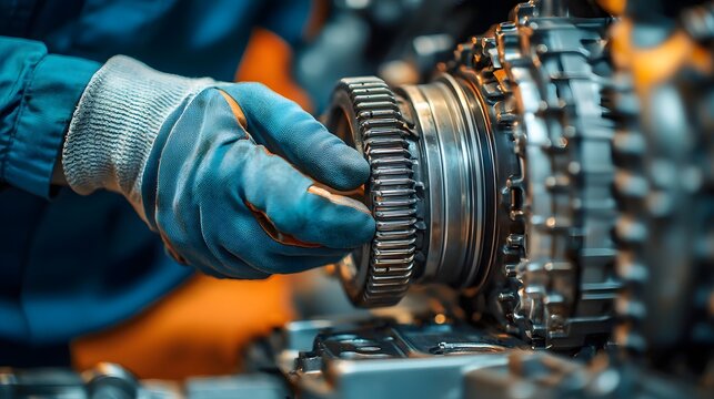 Close up of a blue collar mechanic wearing safety gloves and a blue uniform while carefully inspecting the transmission of a car in an auto repair workshop or garage