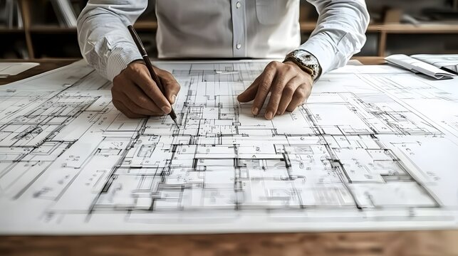 Architect presenting his design ideas and architectural plans using various technical drawings blueprints and digital renderings in a professional office environment  Working on a construction